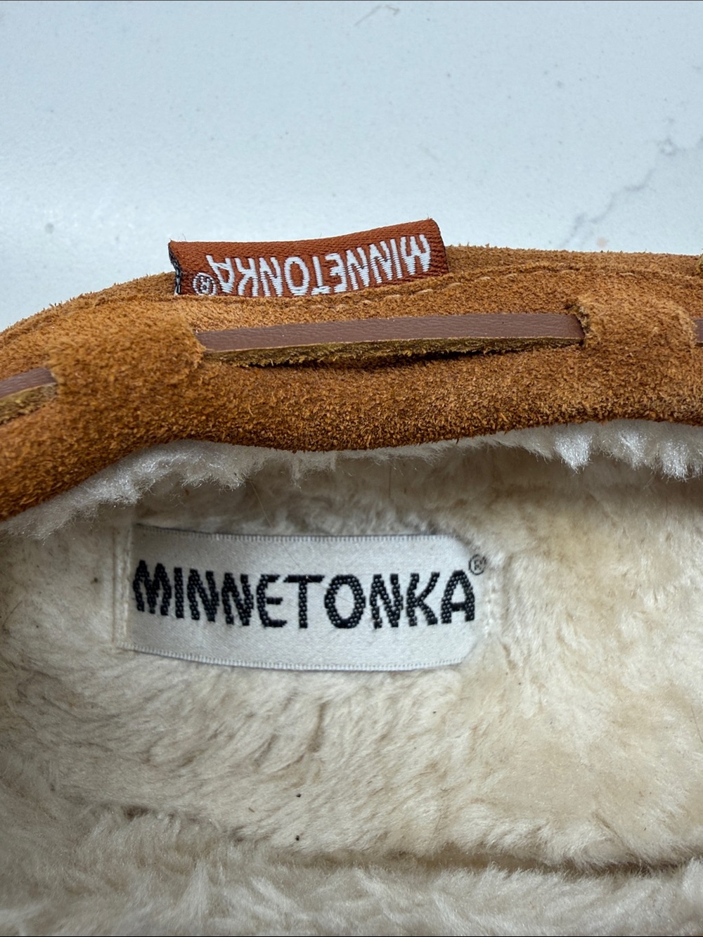 Minnetonka Suede Moccasins with Aztec Patterned Wool Top - Rust, Navy & Tan - Picture 2 of 5